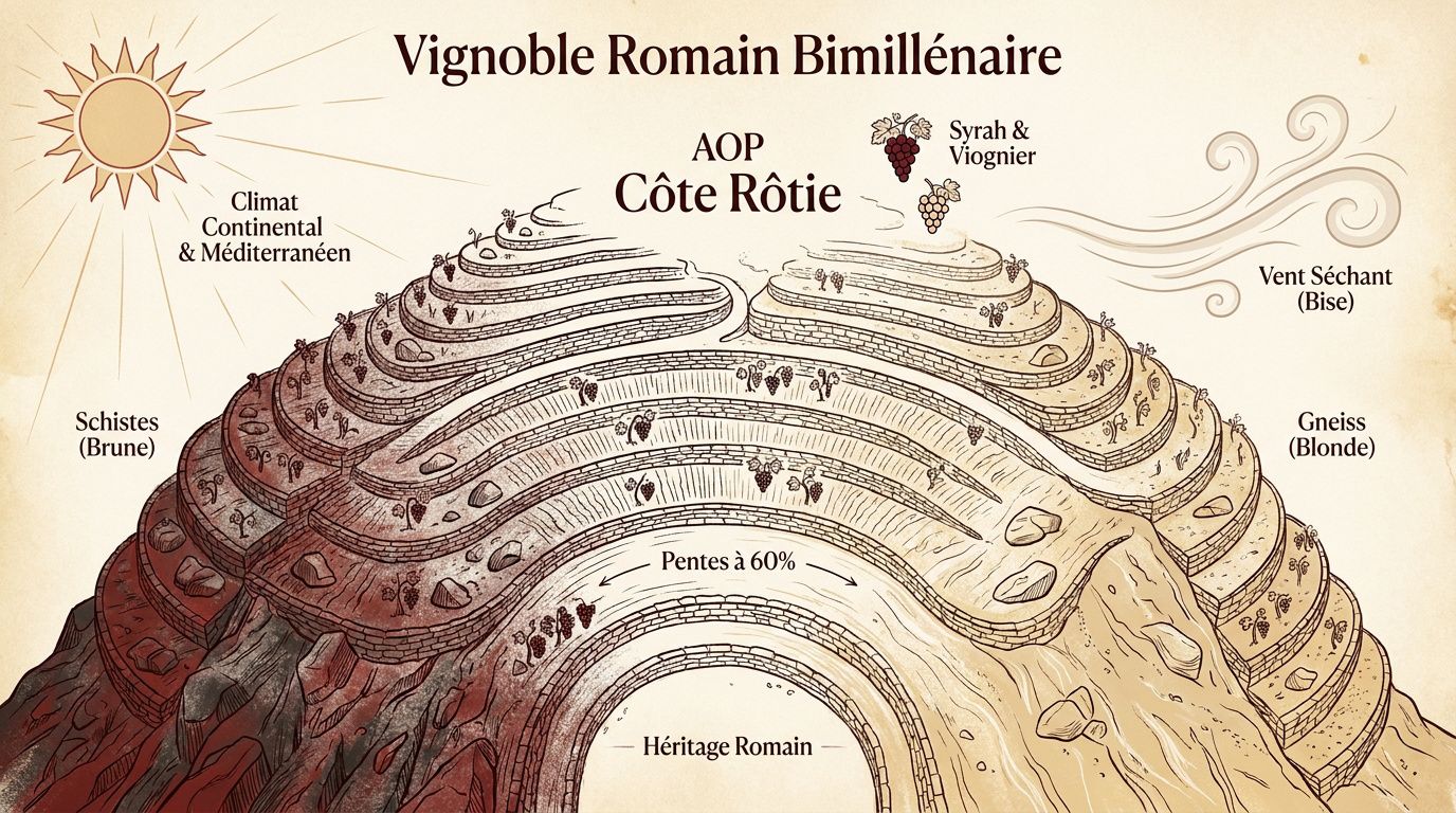 Vignoble en terrasse de Côte-Rôtie sous le soleil rhodanien