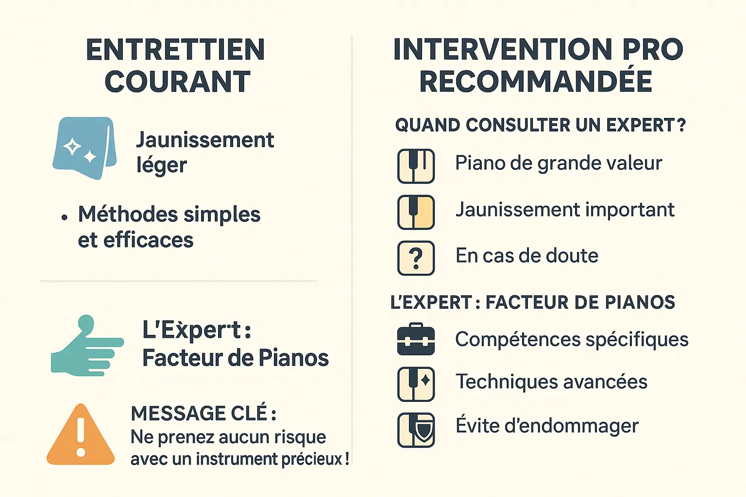 Comparaison entre entretien courant et intervention professionnelle pour touches de piano