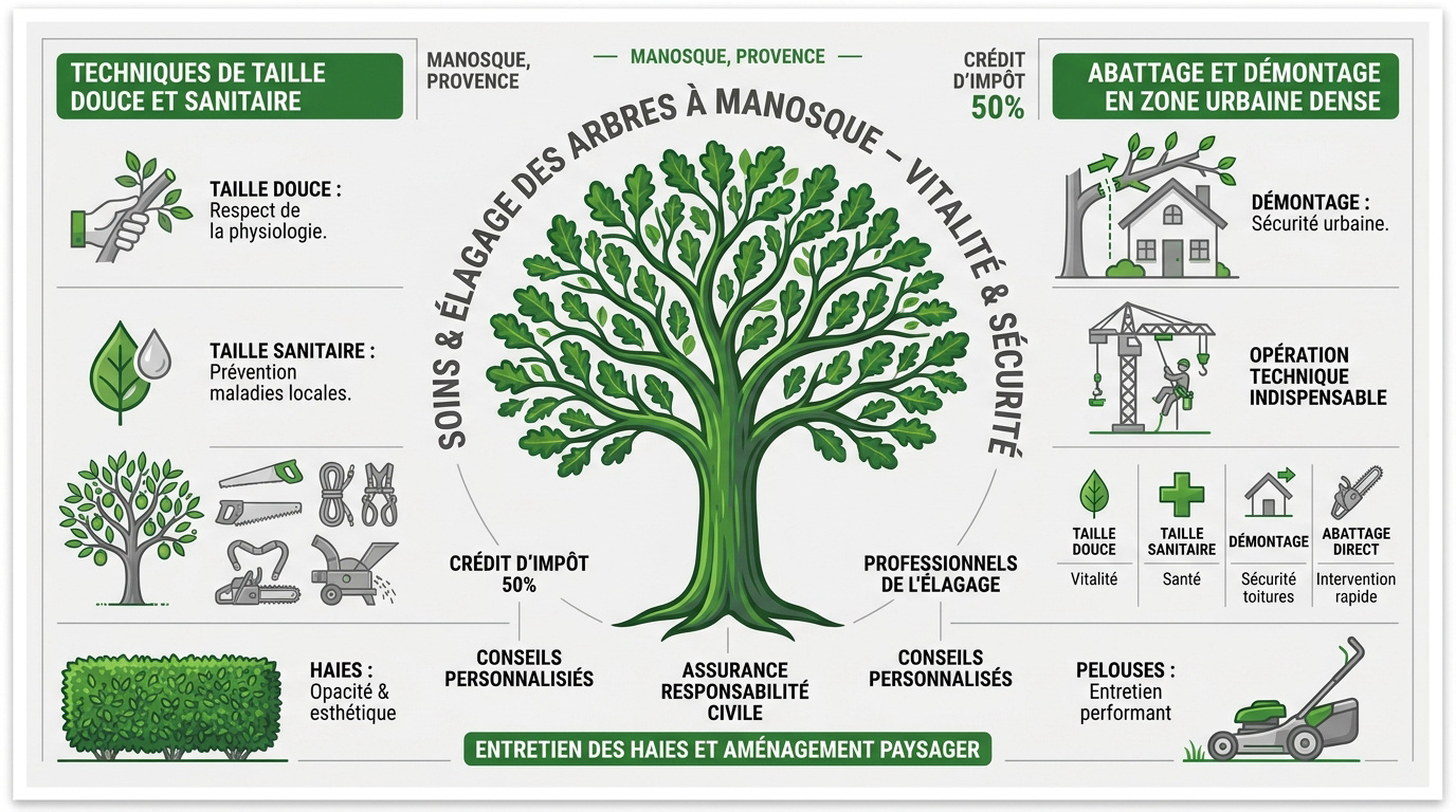 Élagueur professionnel réalisant une taille douce sur un arbre à Manosque