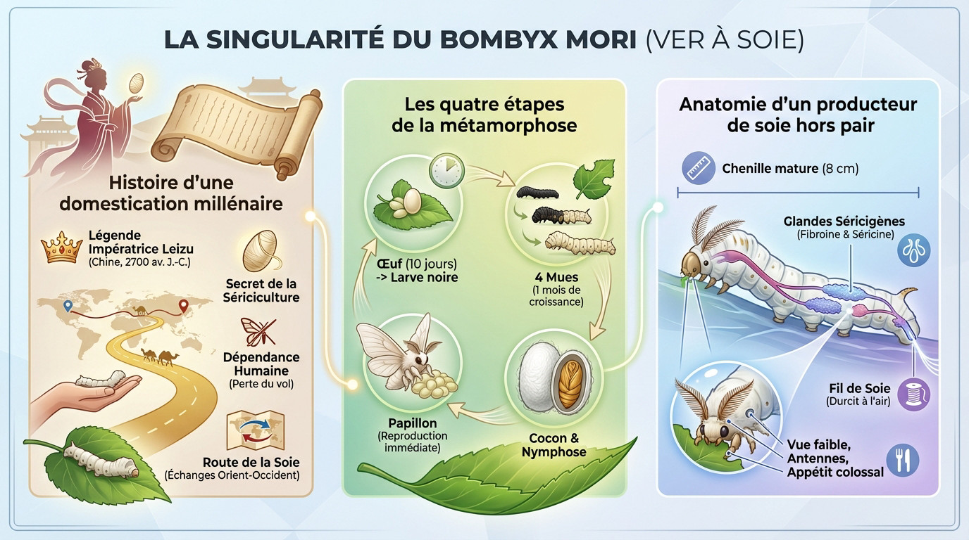 Illustration du cycle de vie et de l'anatomie du Bombyx mori, le ver à soie domestique