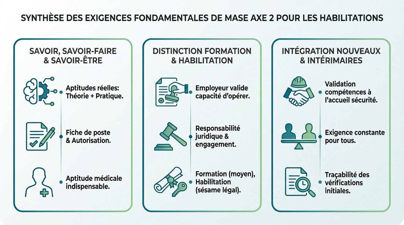 Schéma de synthèse des exigences de l'axe 2 du MASE pour la gestion des habilitations et compétences