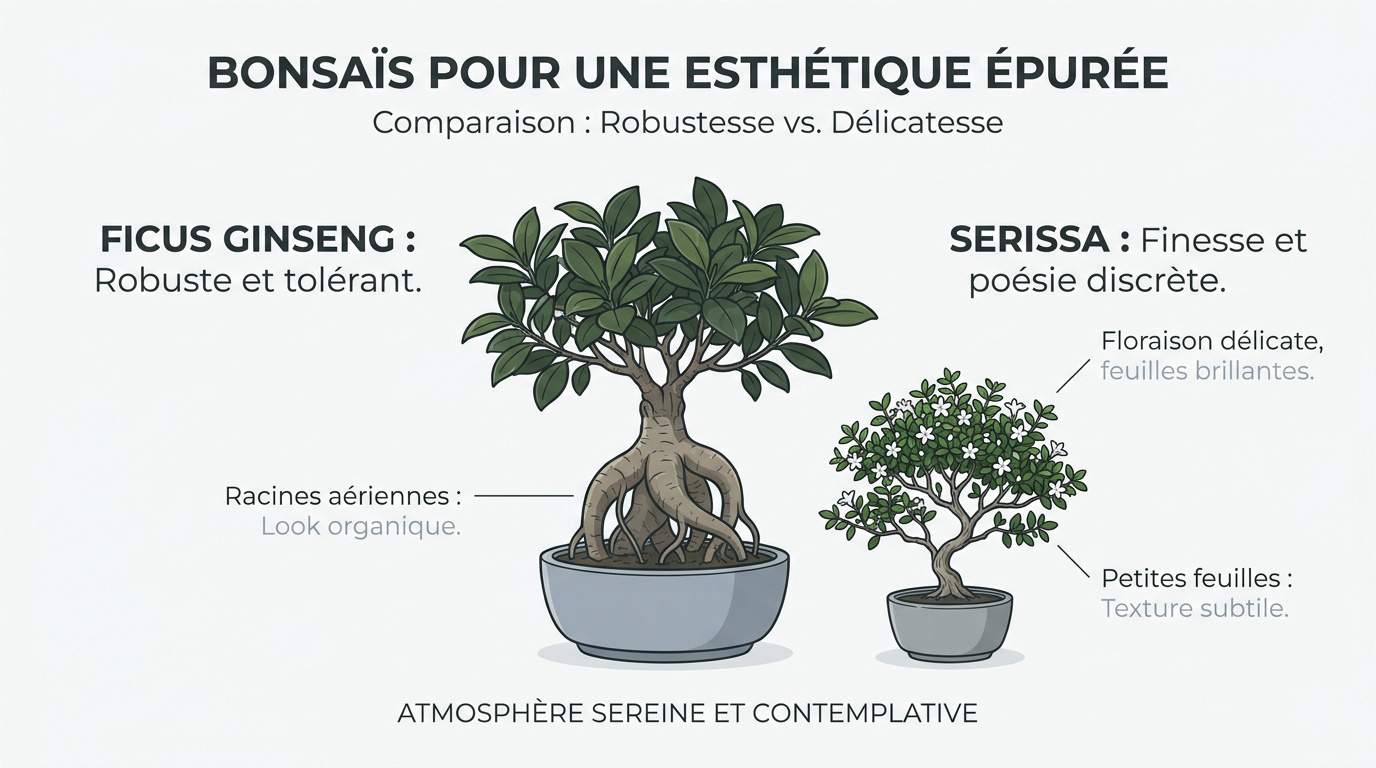 Bonsaï Ficus Ginseng et Serissa dans un intérieur au style Japandi épuré