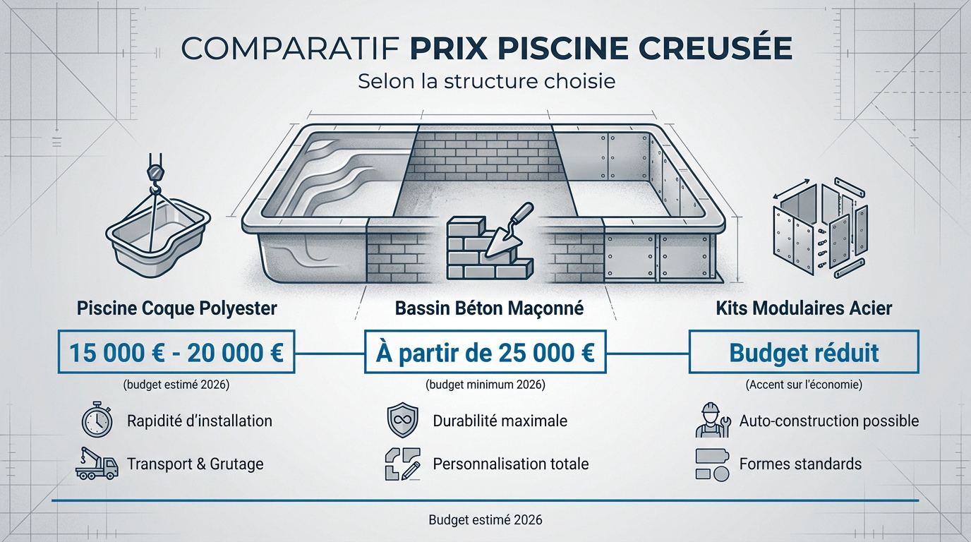 Tableau comparatif des prix de construction pour une piscine creusée en 2026 selon les matériaux