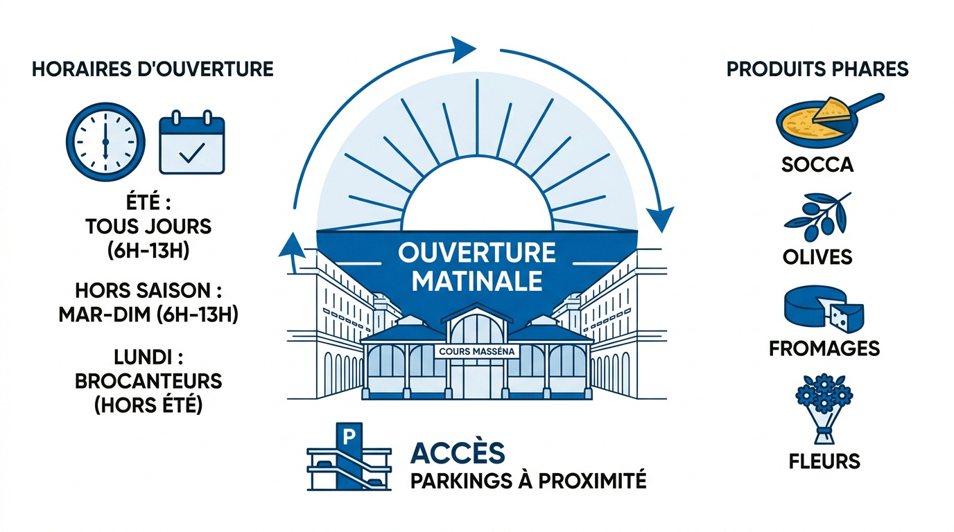Infographie des horaires et produits du marché provençal Cours Masséna Antibes