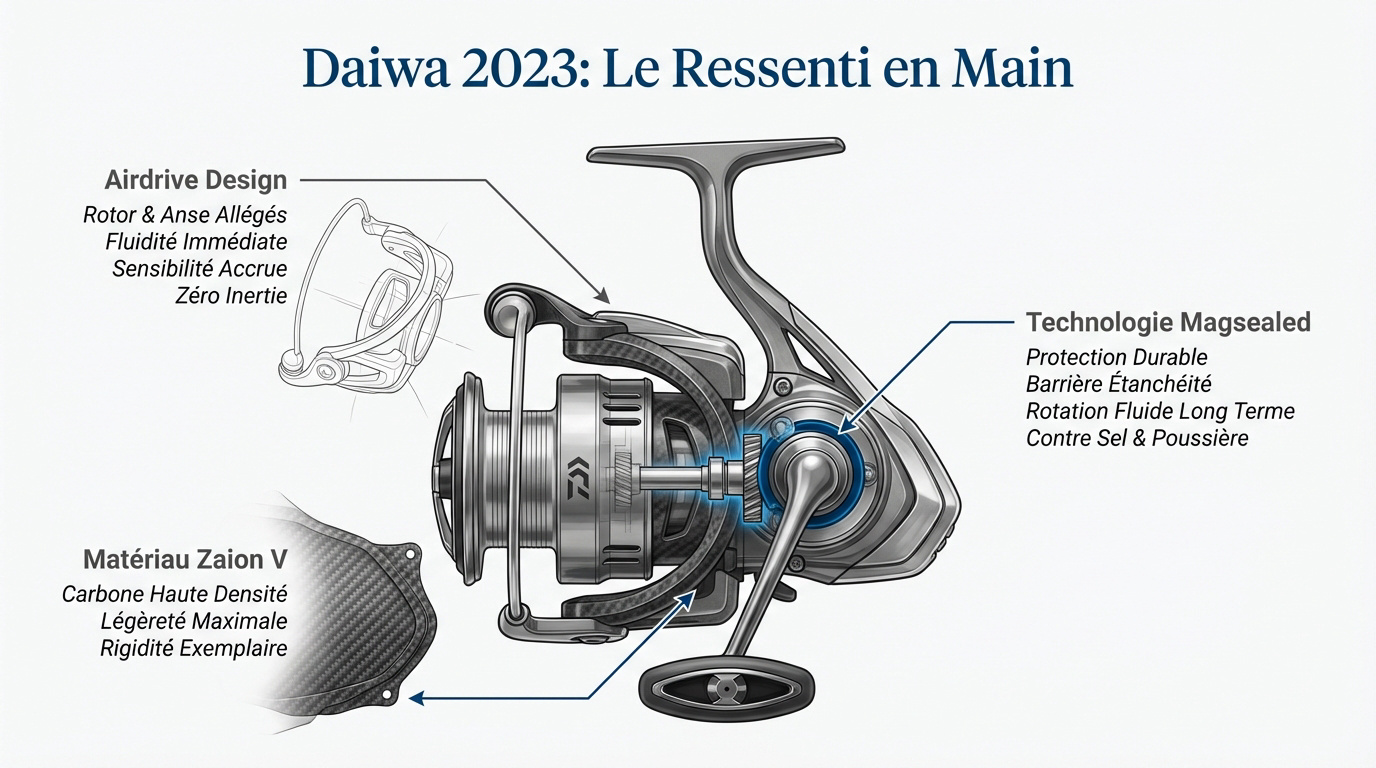 Le moulinet Daiwa Fuego LT 2023 en action de pêche au bord de l'eau