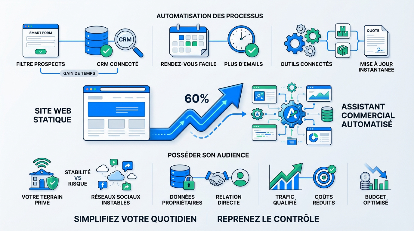 Schéma de la transition d'un site vitrine vers un assistant commercial automatisé
