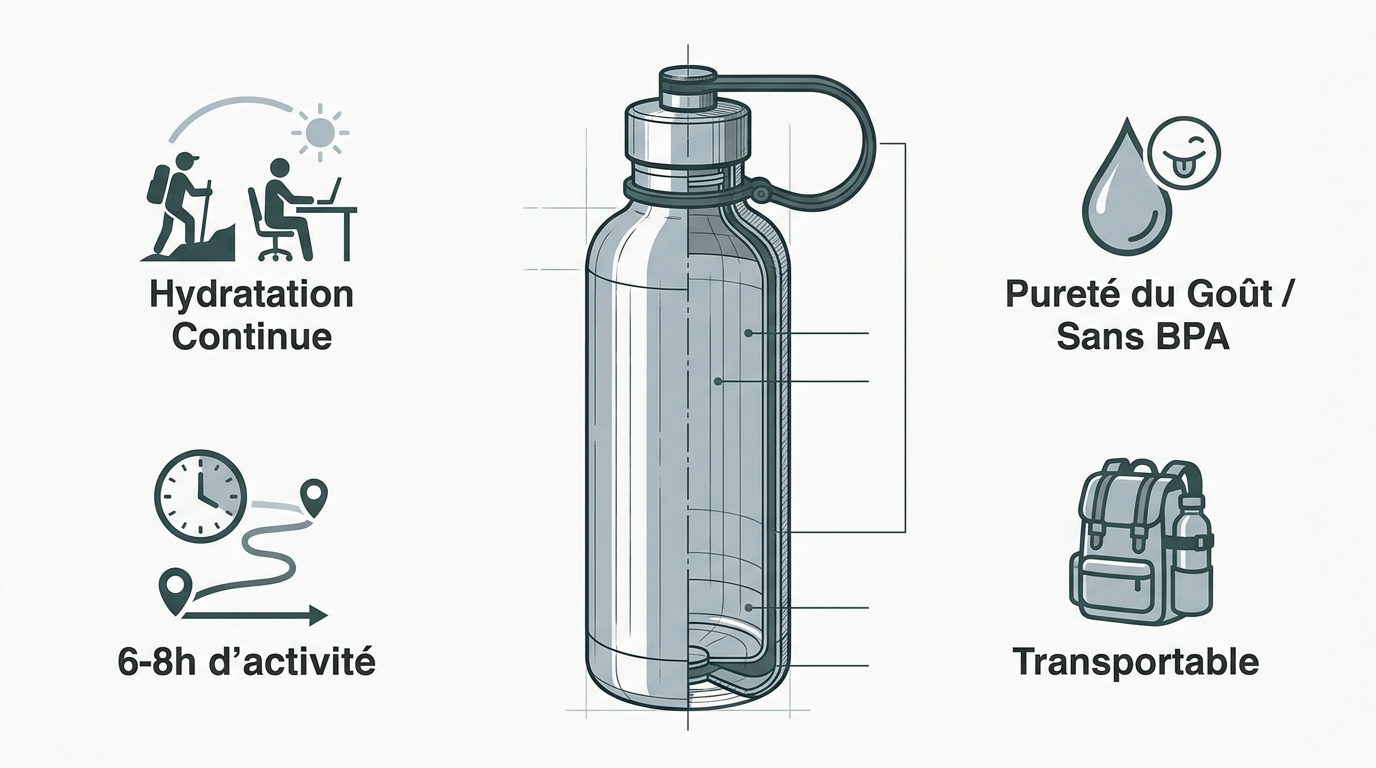 Infographie présentant les avantages de la gourde inox 1.5L pour l'hydratation et l'autonomie