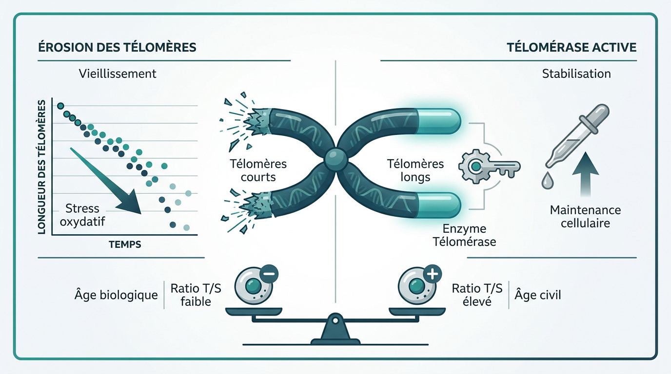 Schéma de l'érosion des télomères et action de la télomérase sur l'ADN
