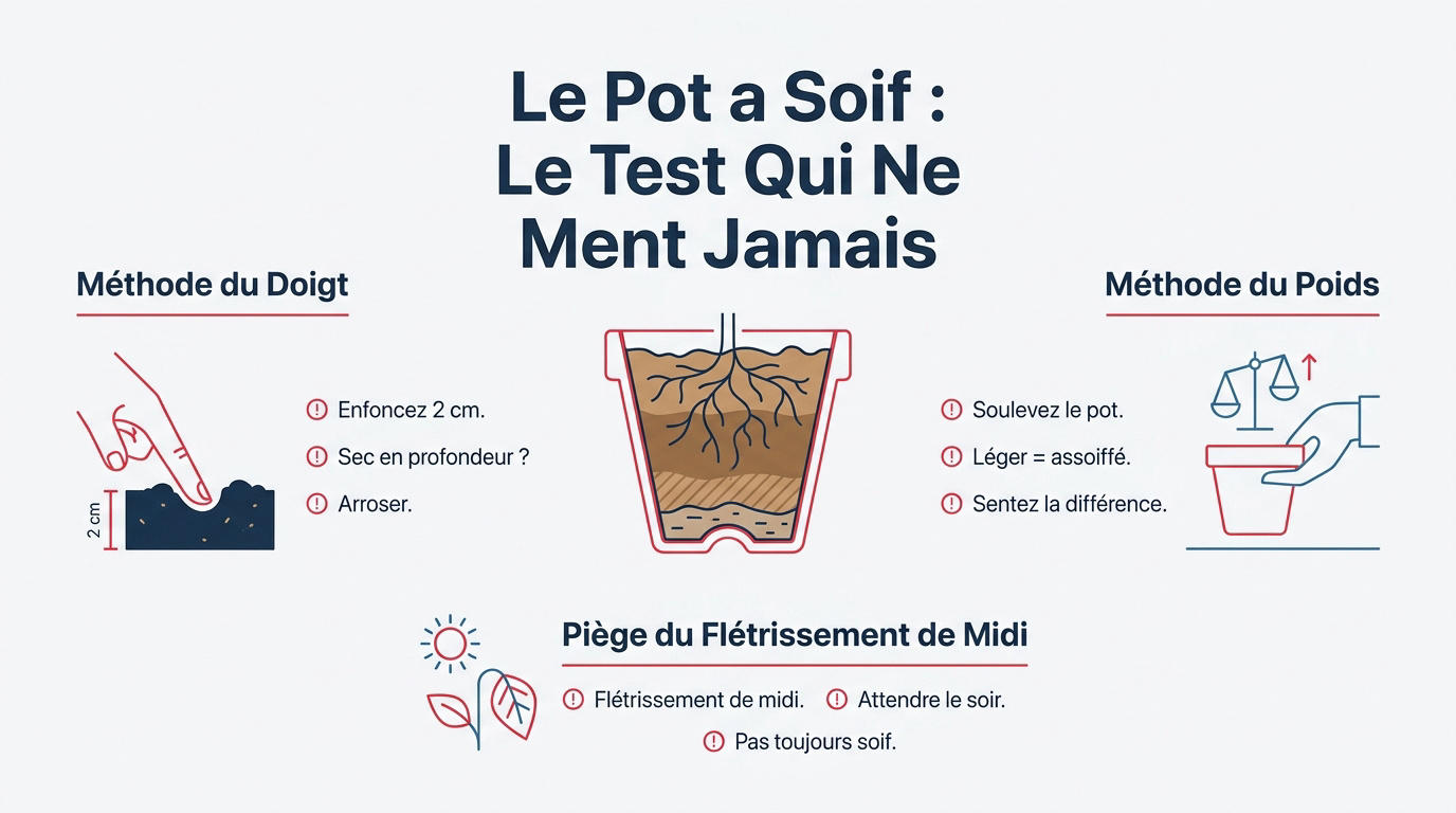 Test du doigt pour vérifier l'humidité du substrat d'un piment en pot