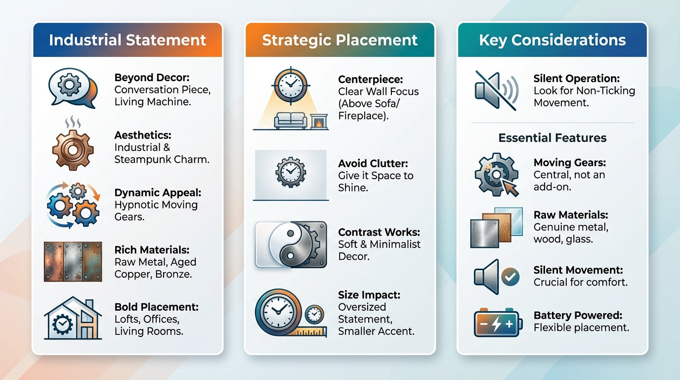 Infographic illustrating the aesthetic appeal of moving gears in industrial wall clocks