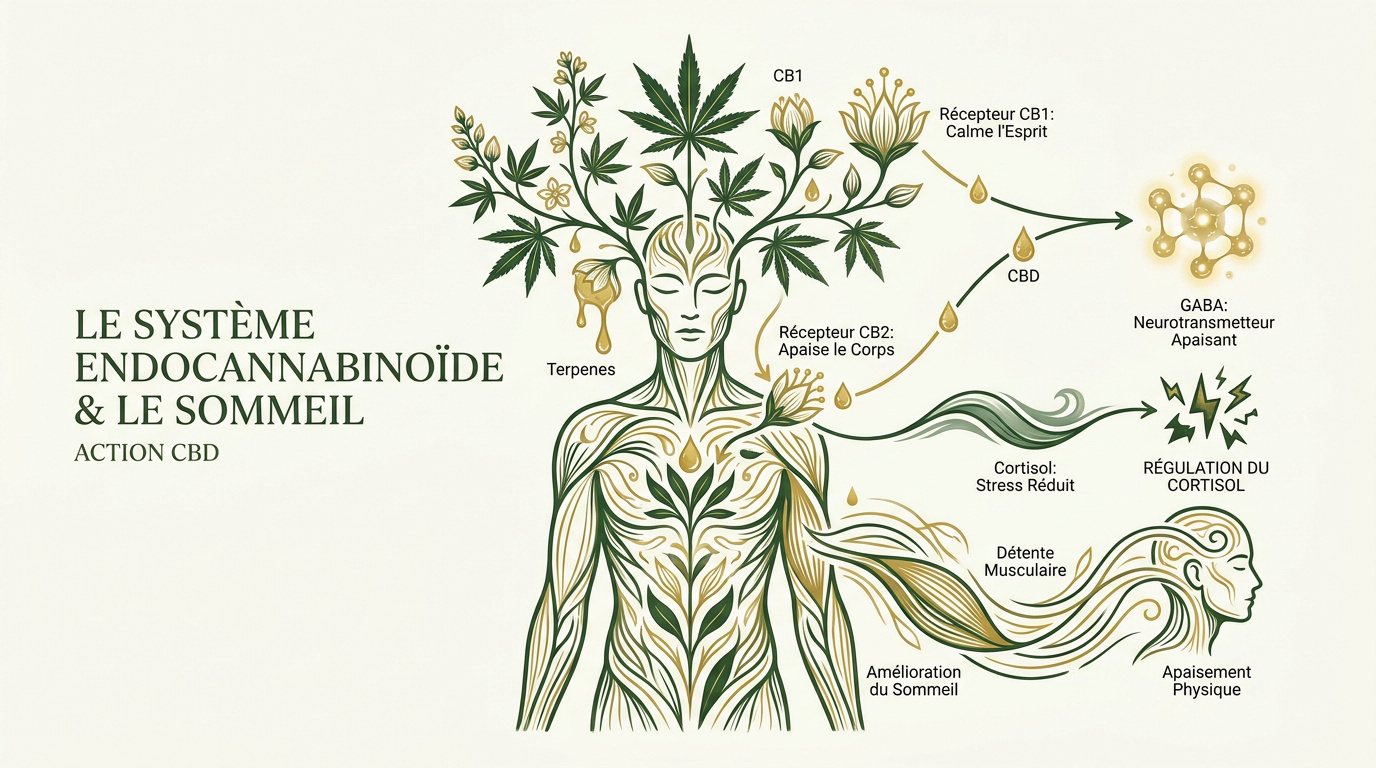 Schéma de l'action du CBD sur le système endocannabinoïde pour favoriser le sommeil