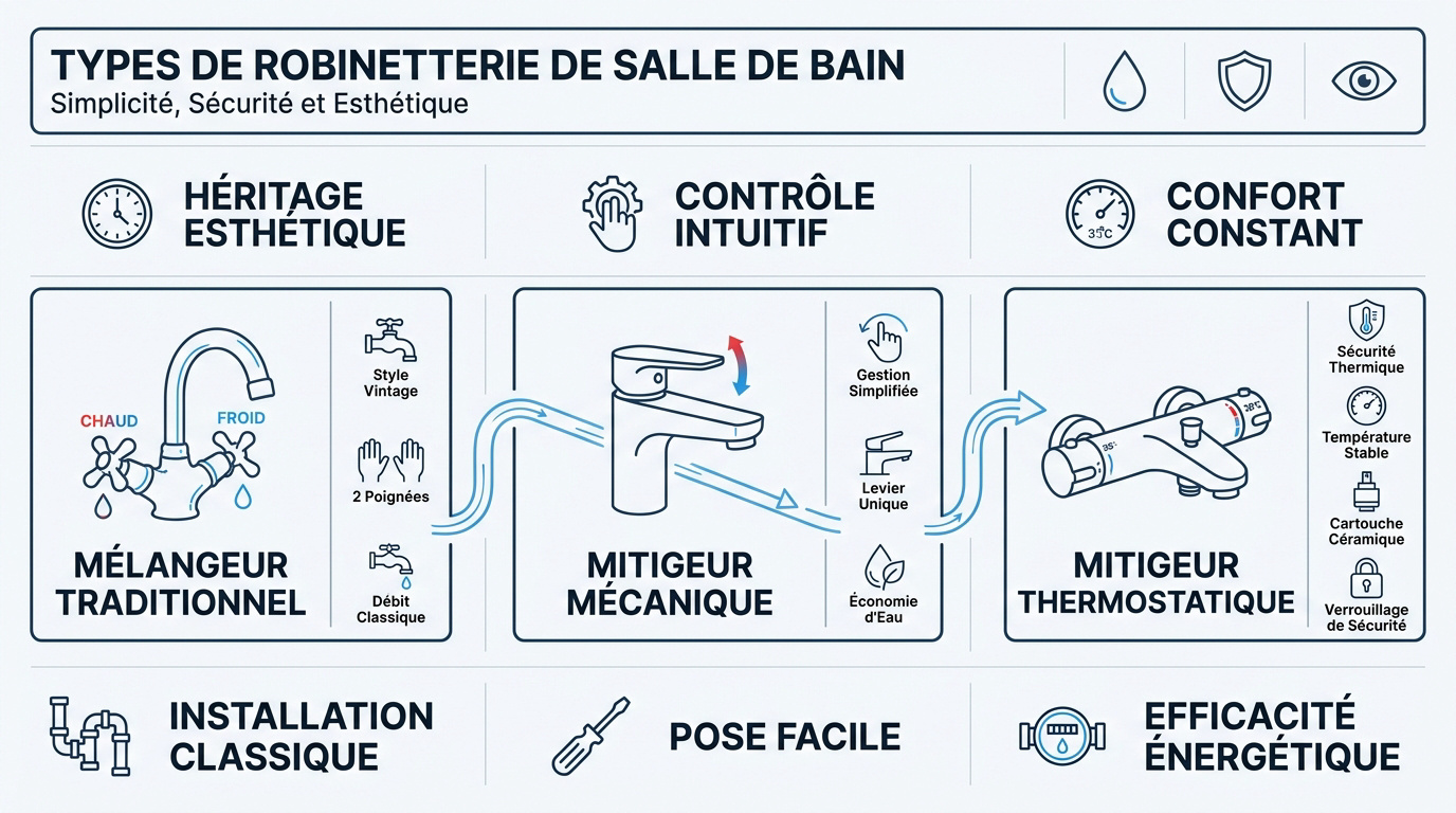 Différents modèles de robinetterie pour lavabo et douche de salle de bain