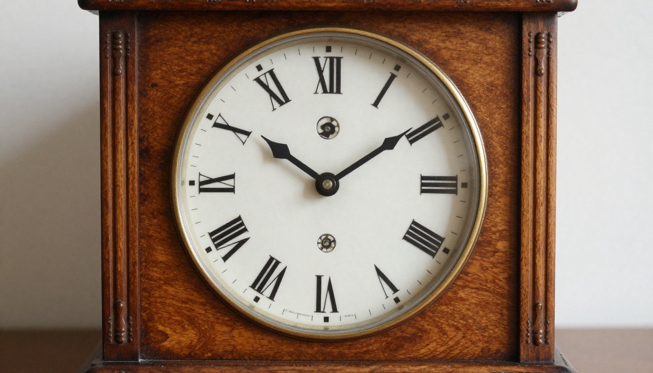 Détail du cadran et des aiguilles d'une authentique horloge ancienne en bois massif