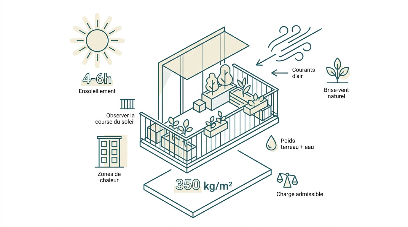 Aménagement d'un petit balcon en permaculture avec des bacs en bois et des plantes aromatiques