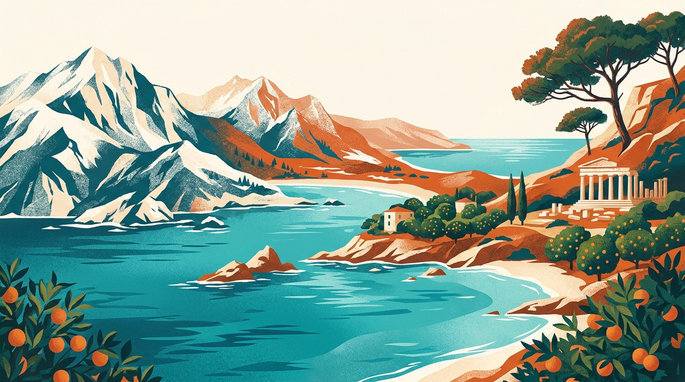 Paysage de Calabre mêlant montagnes et vestiges antiques