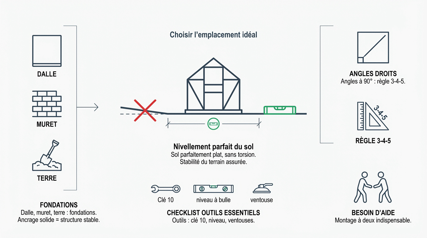 Nivellement et préparation du sol avant le montage d'une serre ACD