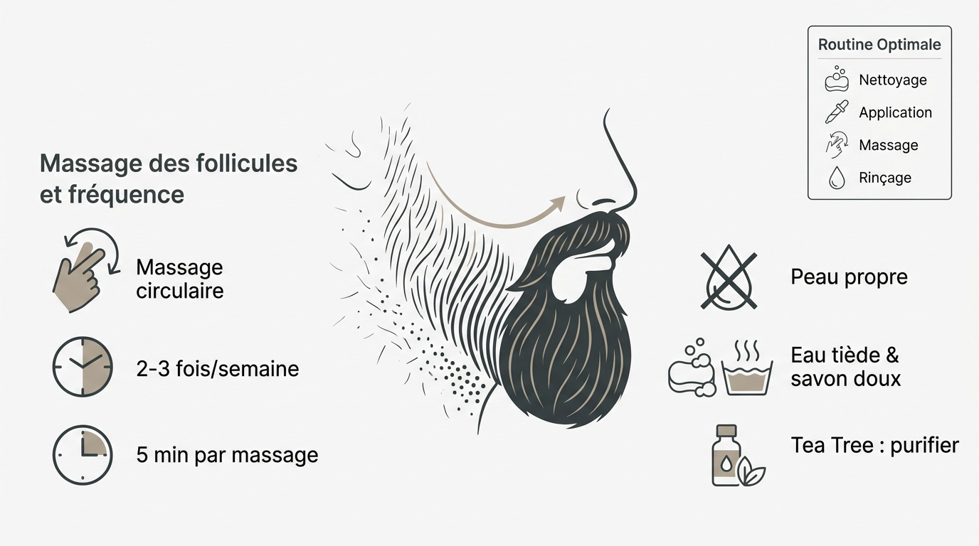 Guide visuel pour l'application d'huile de ricin et de nigelle sur la barbe