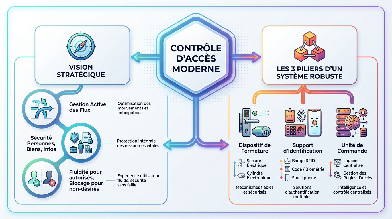 Schéma illustrant les composants d'un système de contrôle d'accès moderne et la gestion des flux