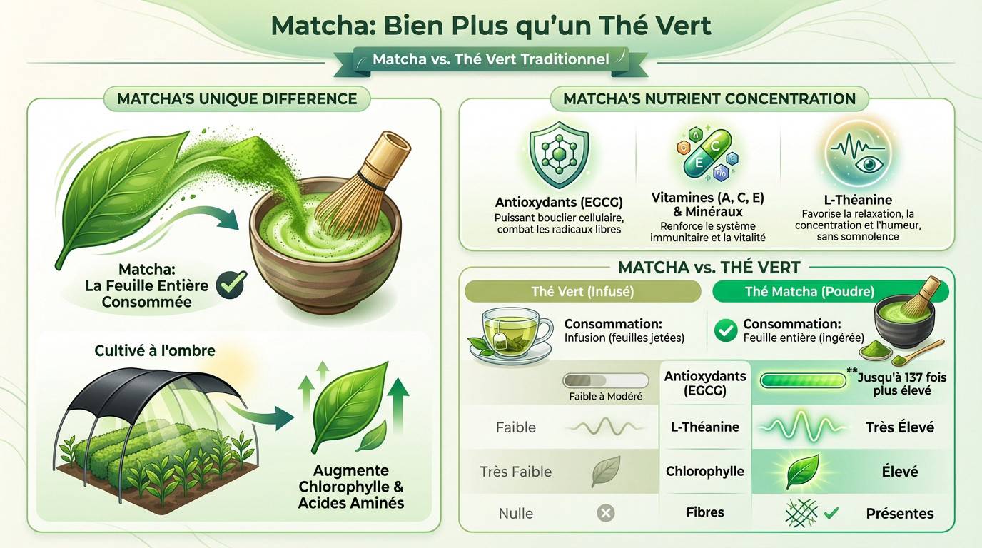 Bien-être Thé matcha bienfaits : boostez votre corps et esprit Bol de thé matcha fouetté avec poudre verte éclatante et fouet en bambou