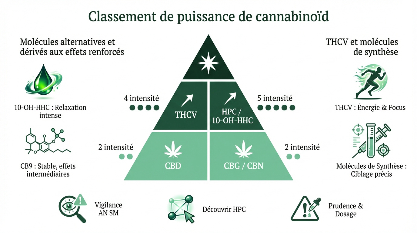 Infographie du classement de puissance des cannabinoïdes du CBD au HCT