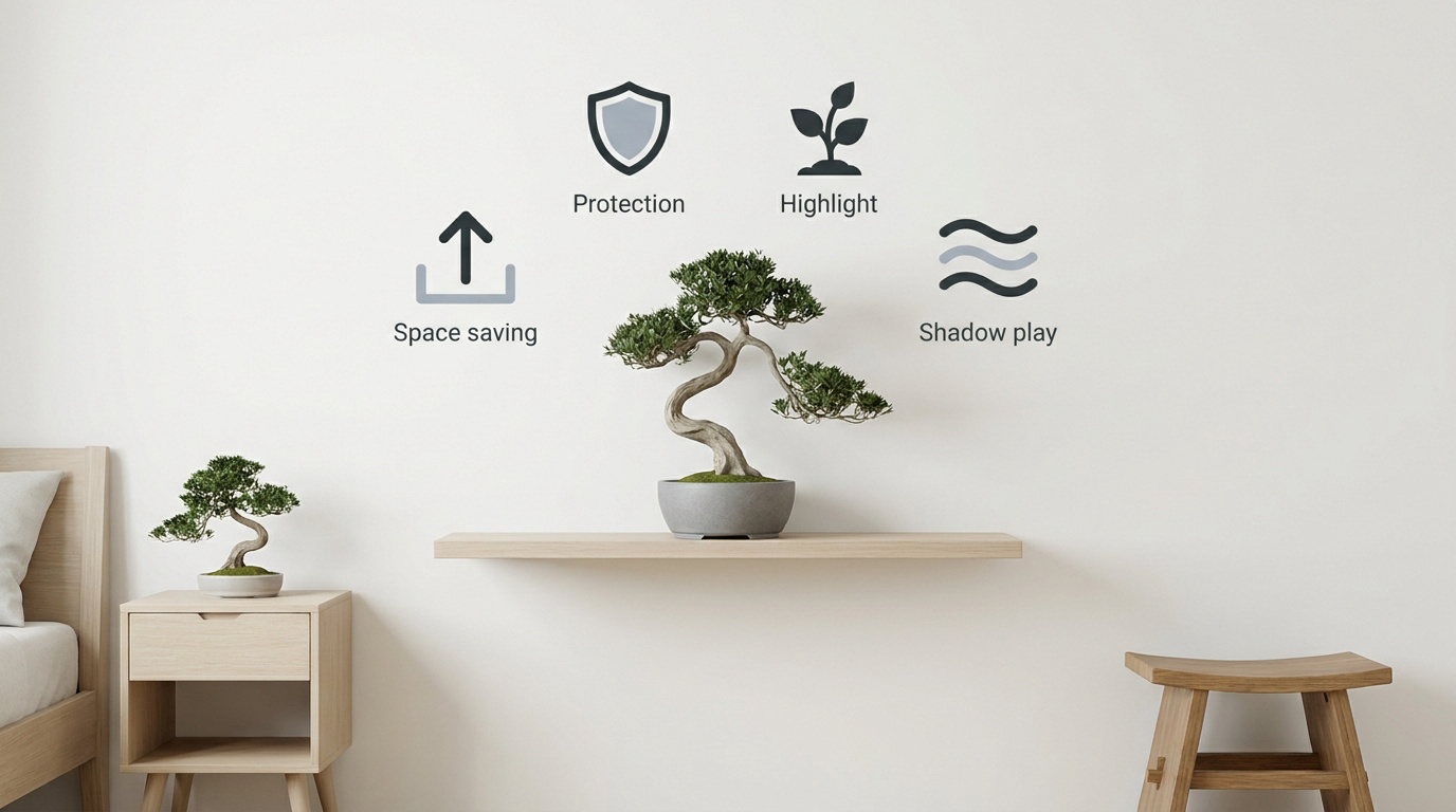 Bonsaï japonais disposé sur une étagère en bois clair style japandi