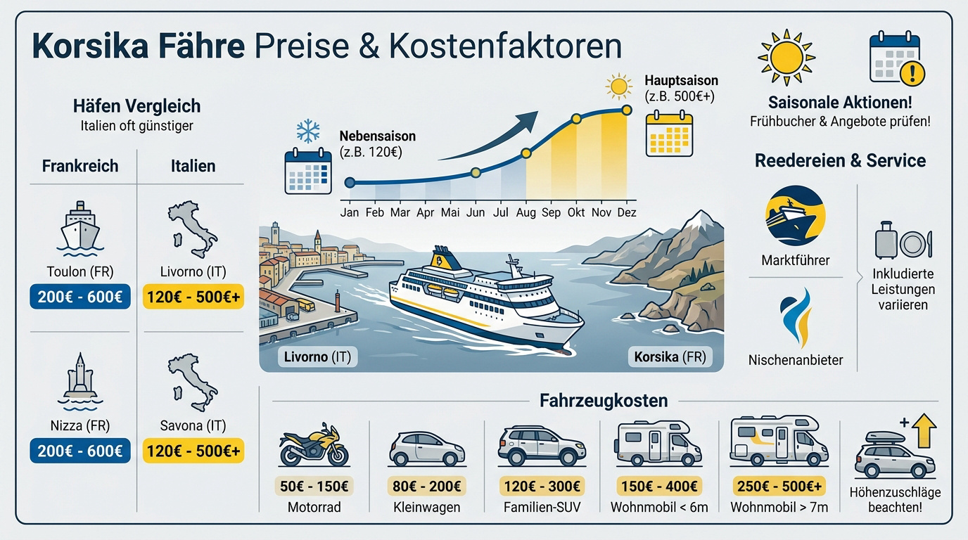 Fähre im Hafen von Korsika bei Sonnenuntergang
