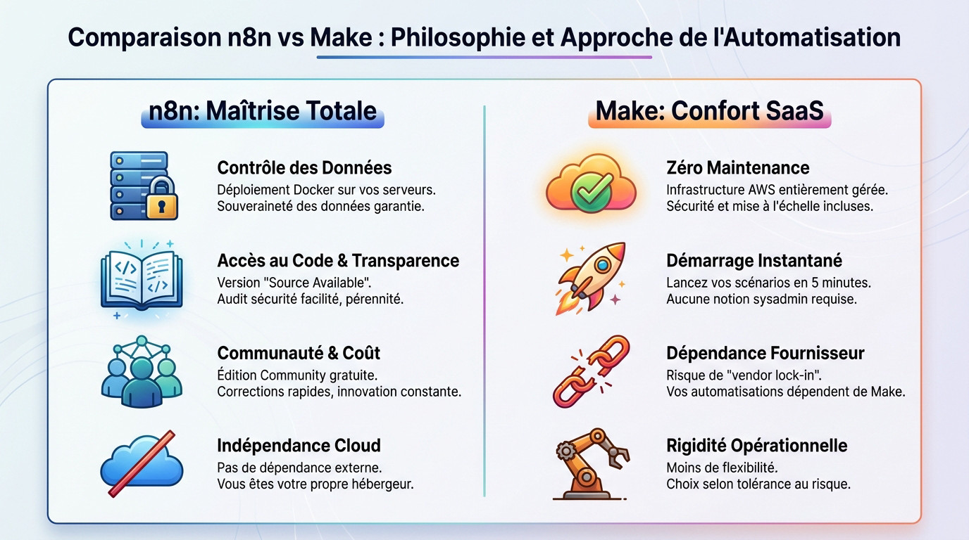 Comparaison des philosophies n8n et Make pour l'automatisation web
