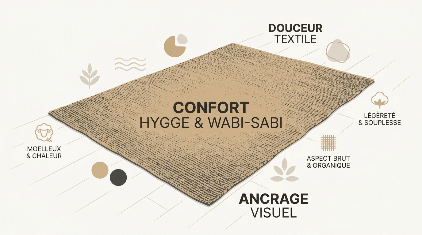 Salon au style japandi avec un tapis en fibres naturelles et mobilier en bois clair
