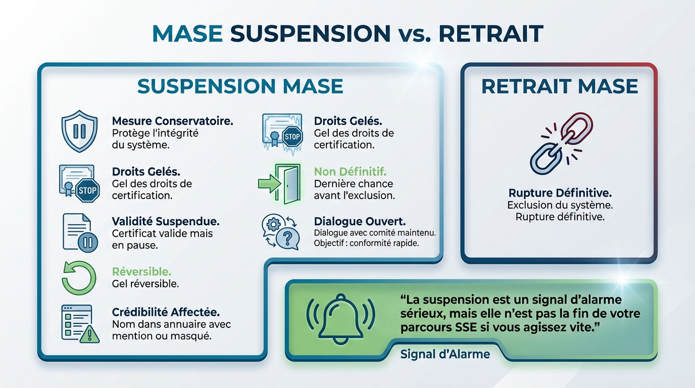 Schéma comparatif illustrant la différence entre une suspension temporaire et un retrait définitif de certification