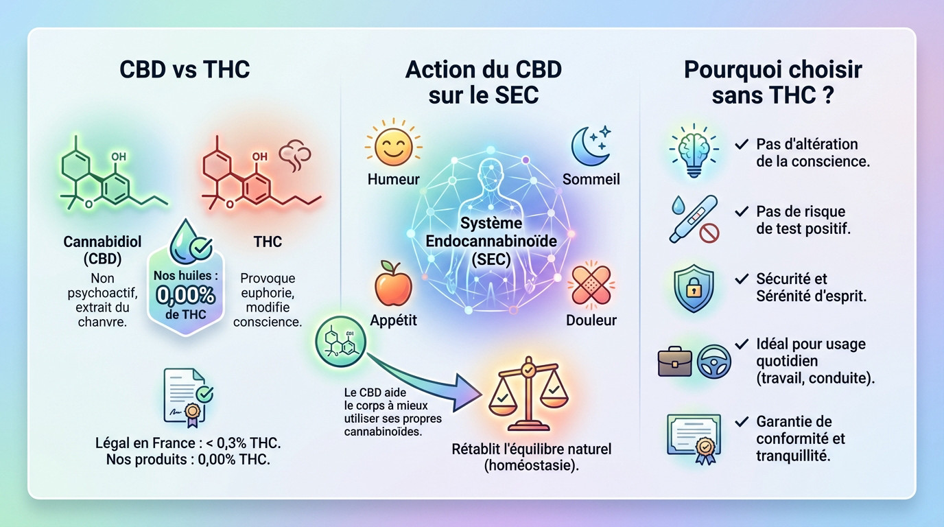 Schéma explicatif du mécanisme d'action du CBD sans THC sur le système endocannabinoïde et ses récepteurs