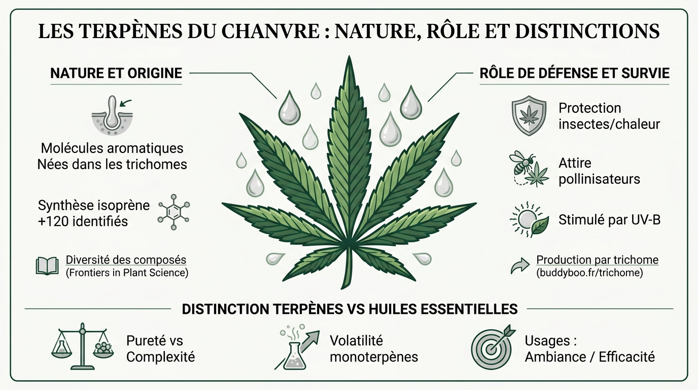 Infographie détaillant la nature et le rôle des terpènes dans la plante de chanvre