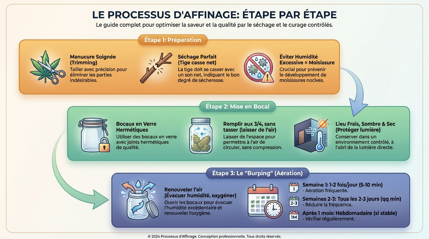Étapes clés du curing des fleurs de CBD : séchage, mise en bocal et aération