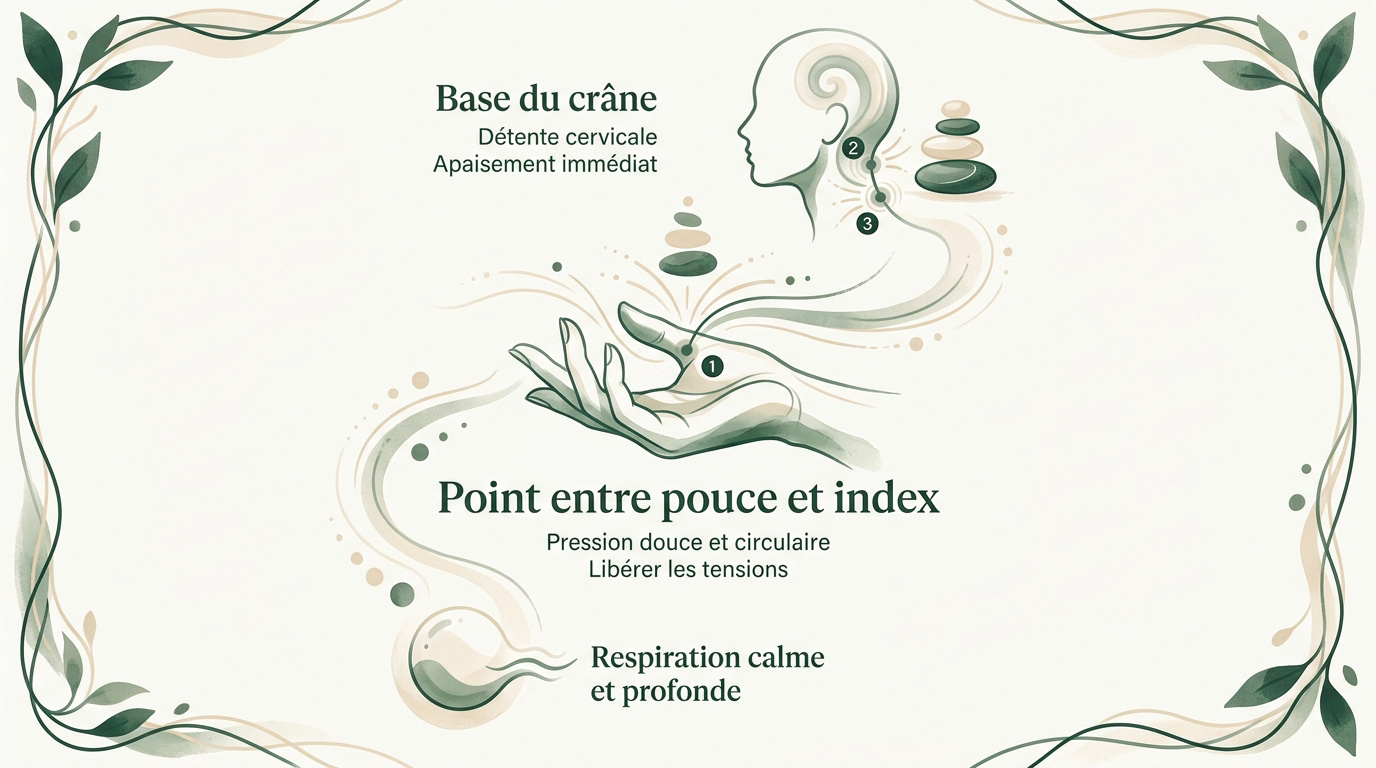 Acupression migraine : comprendre et soulager au quotidien Localisation des points d'acupression sur la main et le cou pour soulager les tensions