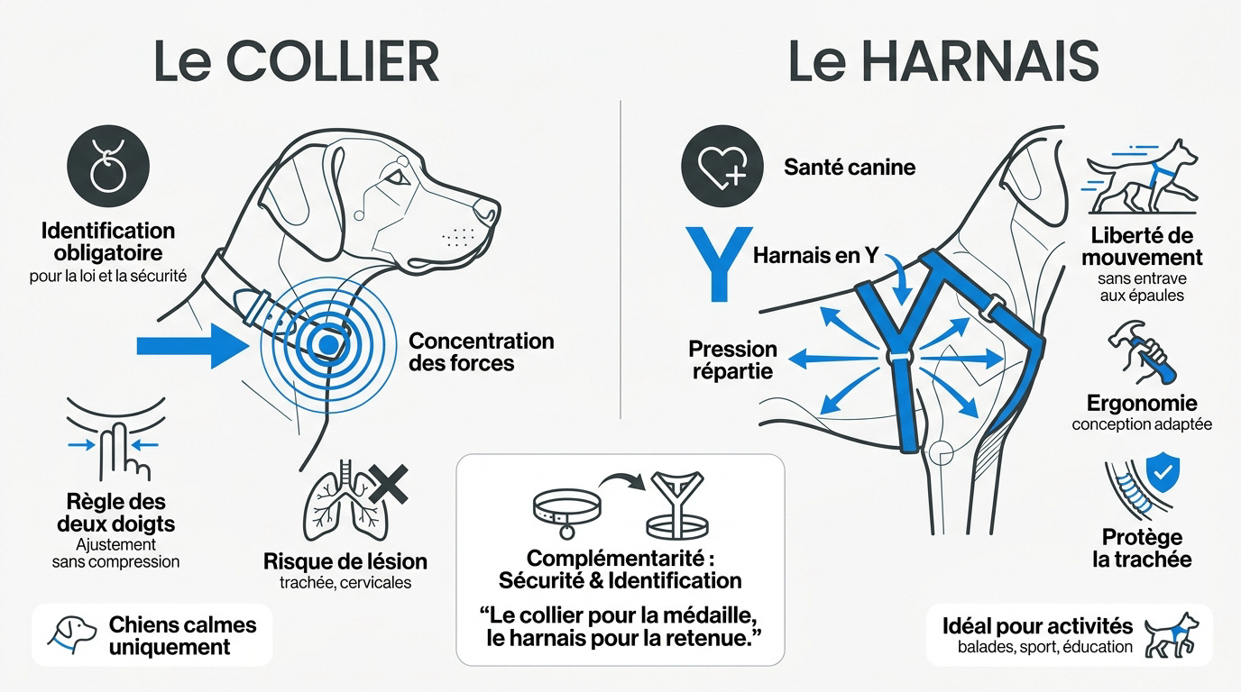 Comparaison visuelle entre un chien portant un collier et un chien portant un harnais ergonomique