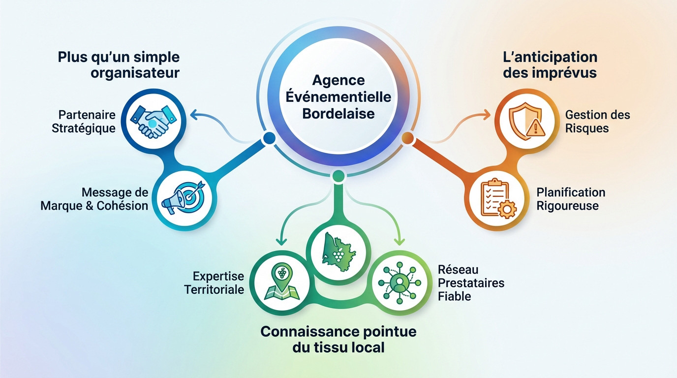 Schéma illustrant les piliers d'action d'une agence événementielle bordelaise : stratégie, créativité et logistique