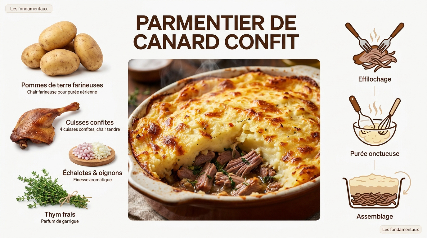 Parmentier de canard confit sortant du four avec une croûte dorée