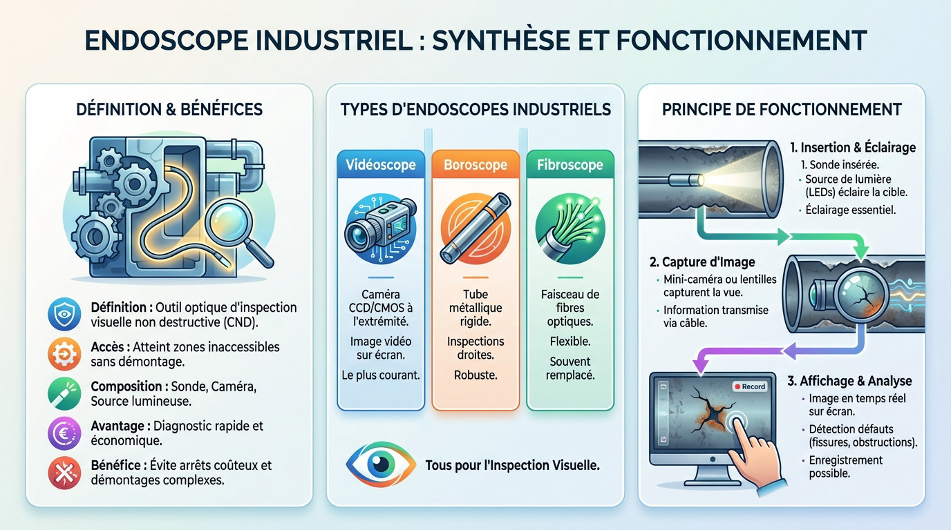 Schéma explicatif du fonctionnement et des composants d'un endoscope industriel