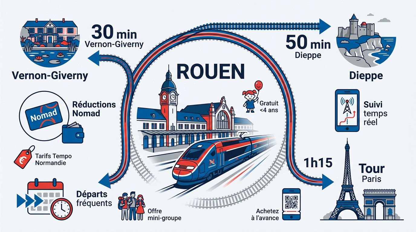 Trains régionaux Nomad stationnés en gare de Rouen Rive Droite prêts pour le départ