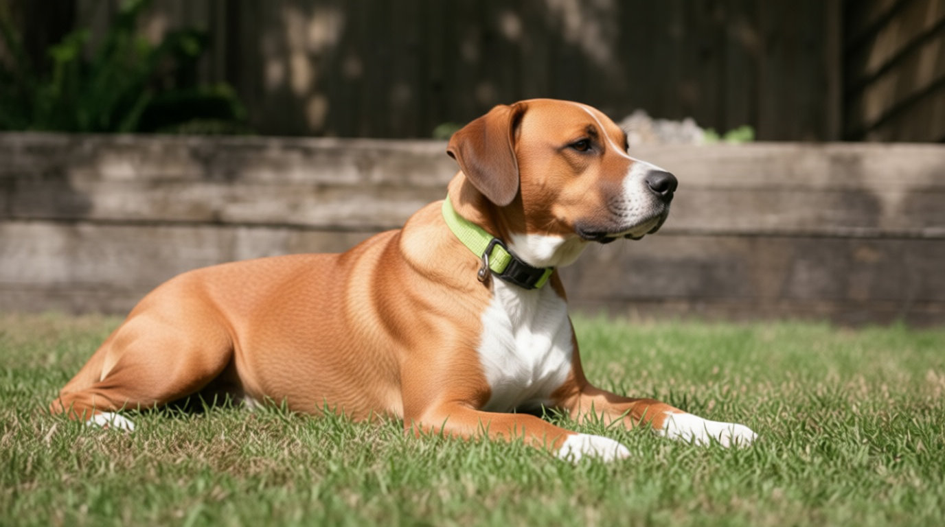Chien marron et blanc couché sur l'herbe