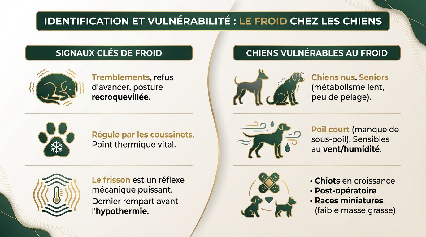 Chien qui tremble de froid dans la neige, signe de vulnérabilité thermique