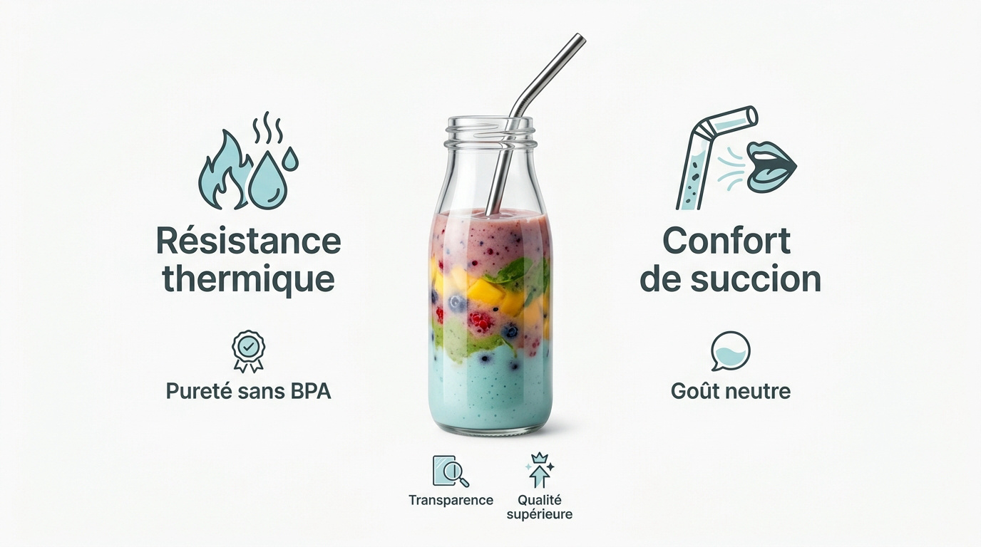Gourde en verre borosilicate avec paille en inox pour smoothie