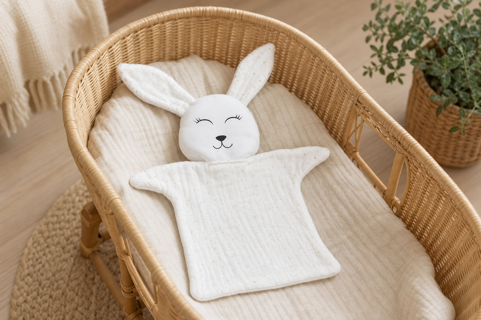 Doudou Lapin double gaze blanche et or : la pureté d'un lien visuel