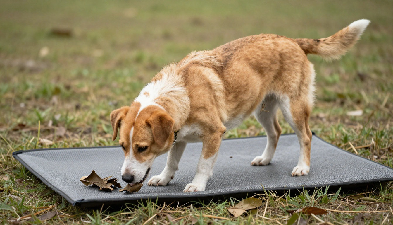 Chien reniflant des feuilles sur un tapis de fouille, stimulation olfactive pour chien aveugle et sourd