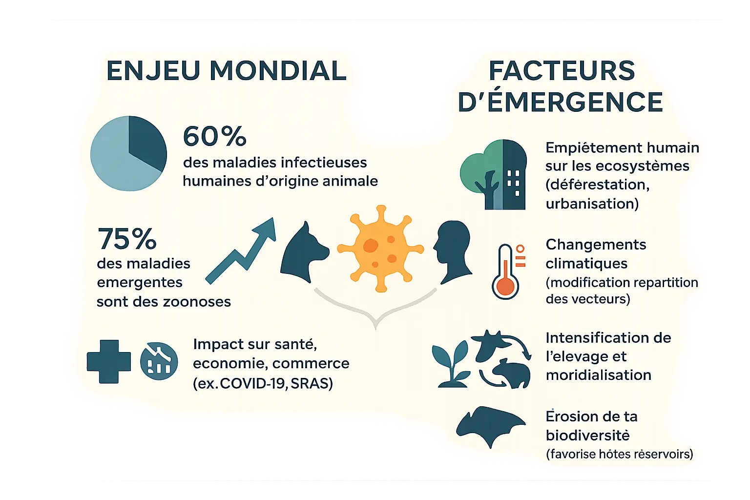 Illustration des zoonoses et facteurs d'émergence