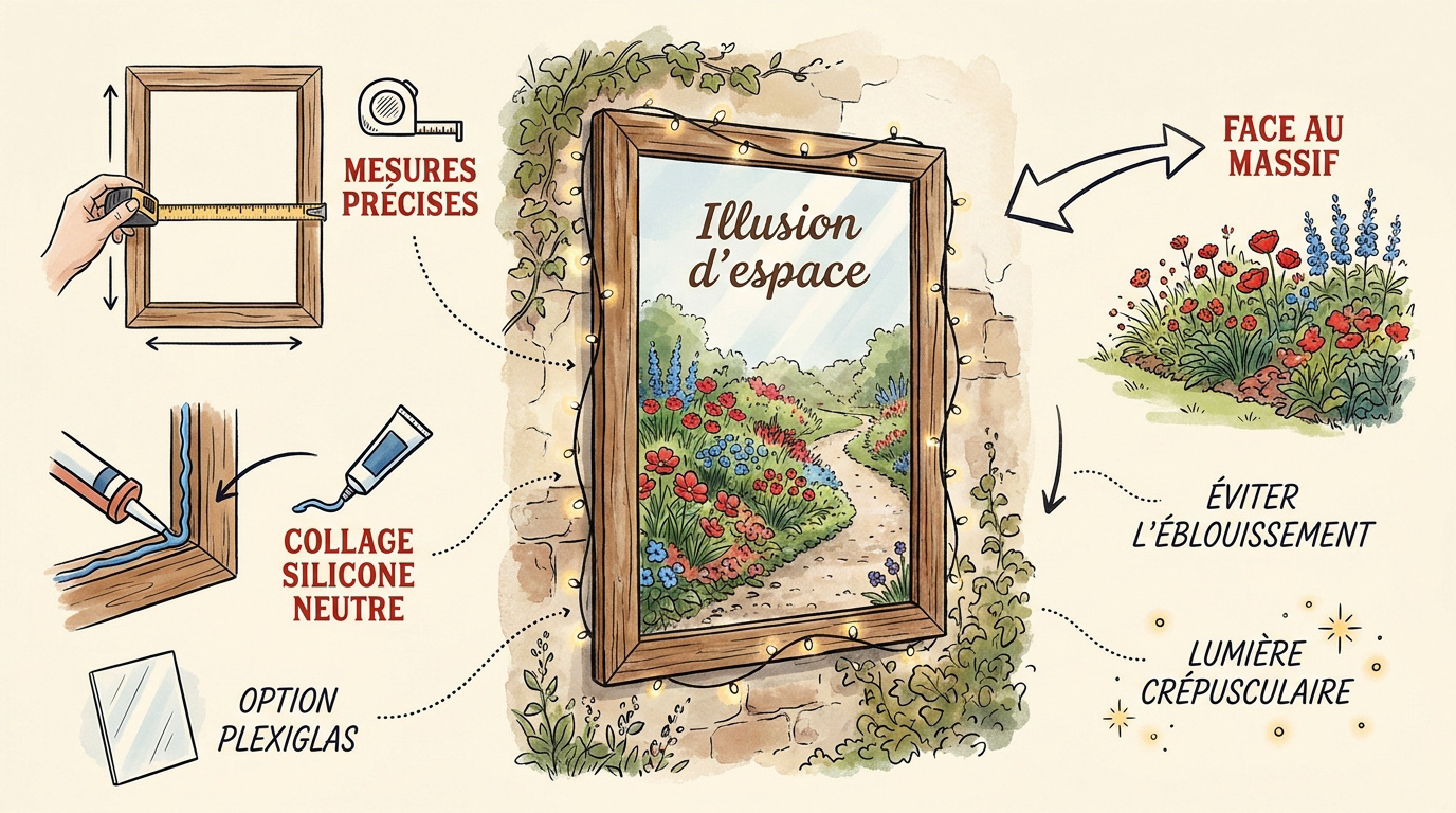 Miroir de jardin créé à partir d'une vieille fenêtre pour agrandir l'espace extérieur