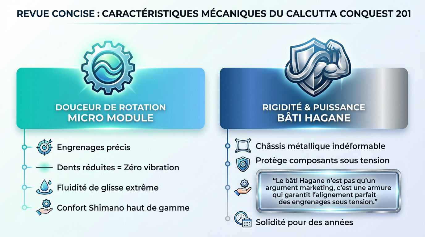 Vue détaillée des engrenages Micro Module et du bâti Hagane du Shimano Calcutta Conquest 201