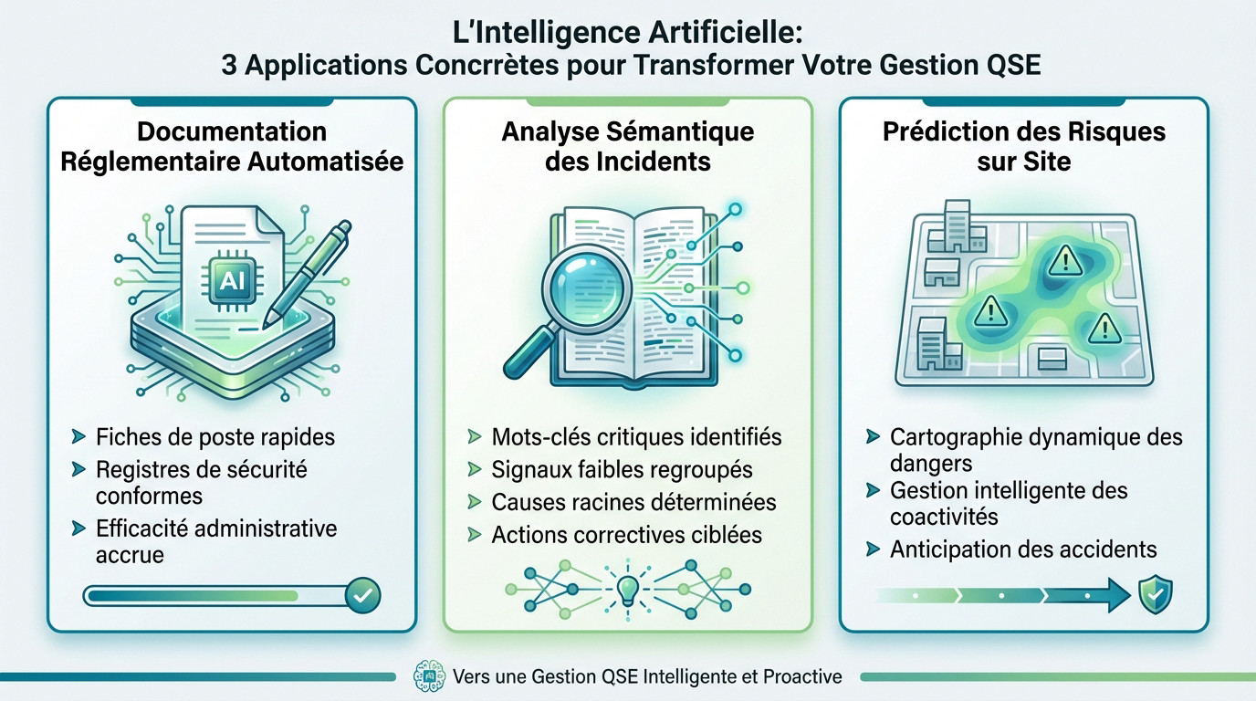 Tableau de bord QSE illustrant l'analyse prédictive des risques et la gestion documentaire automatisée