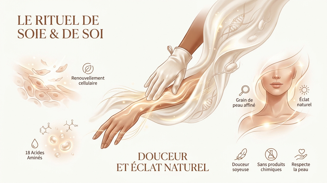 Rituel de soin avec gant exfoliant en soie pour une peau douce