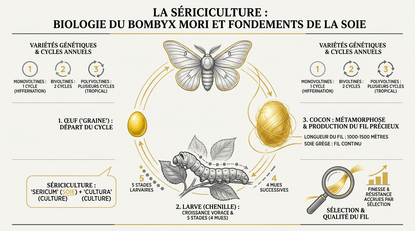 Élevage de chenilles Bombyx mori sur des feuilles de mûrier blanc
