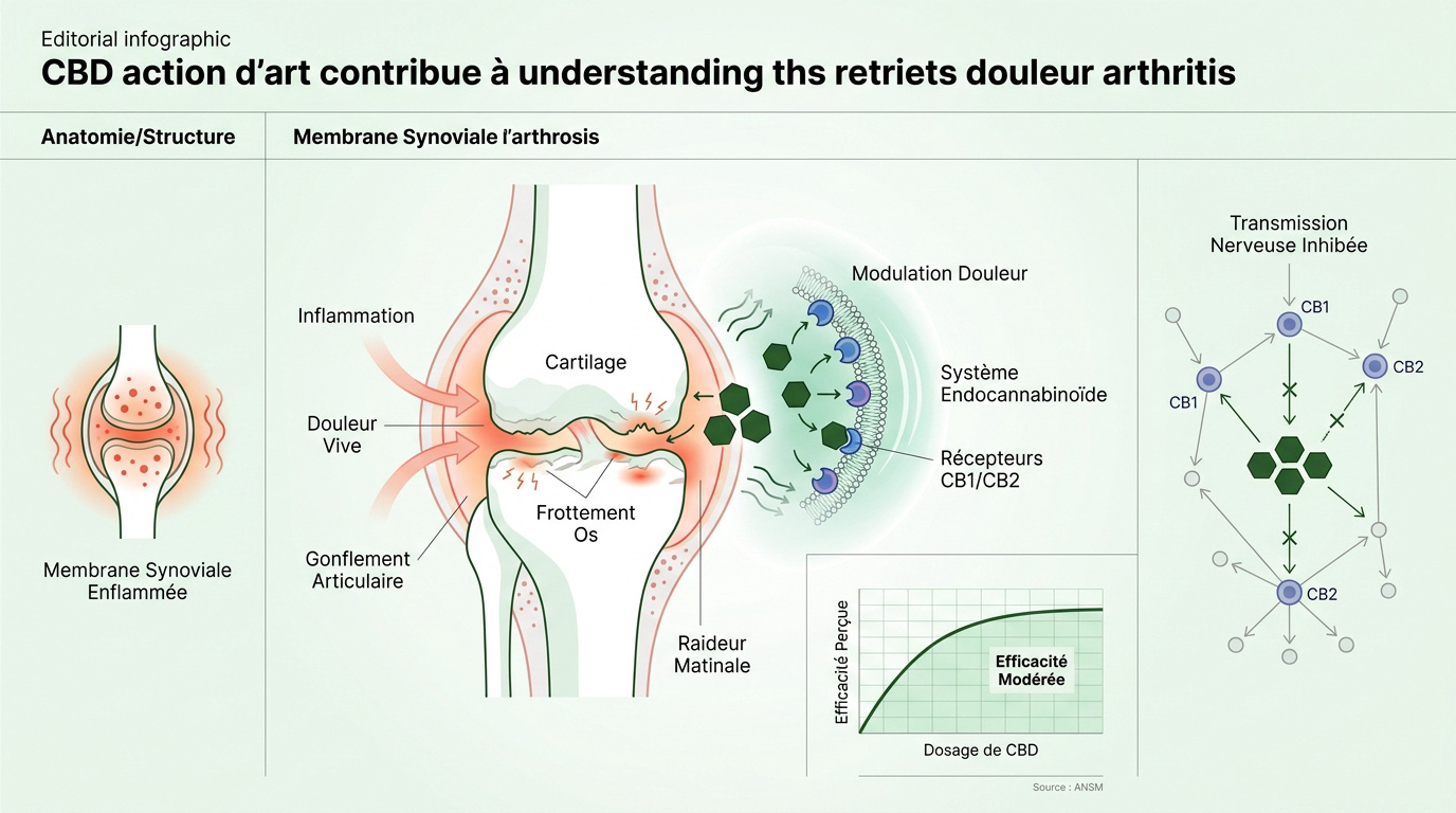 Représentation d'une articulation touchée par l'arthrose et action du cannabidiol